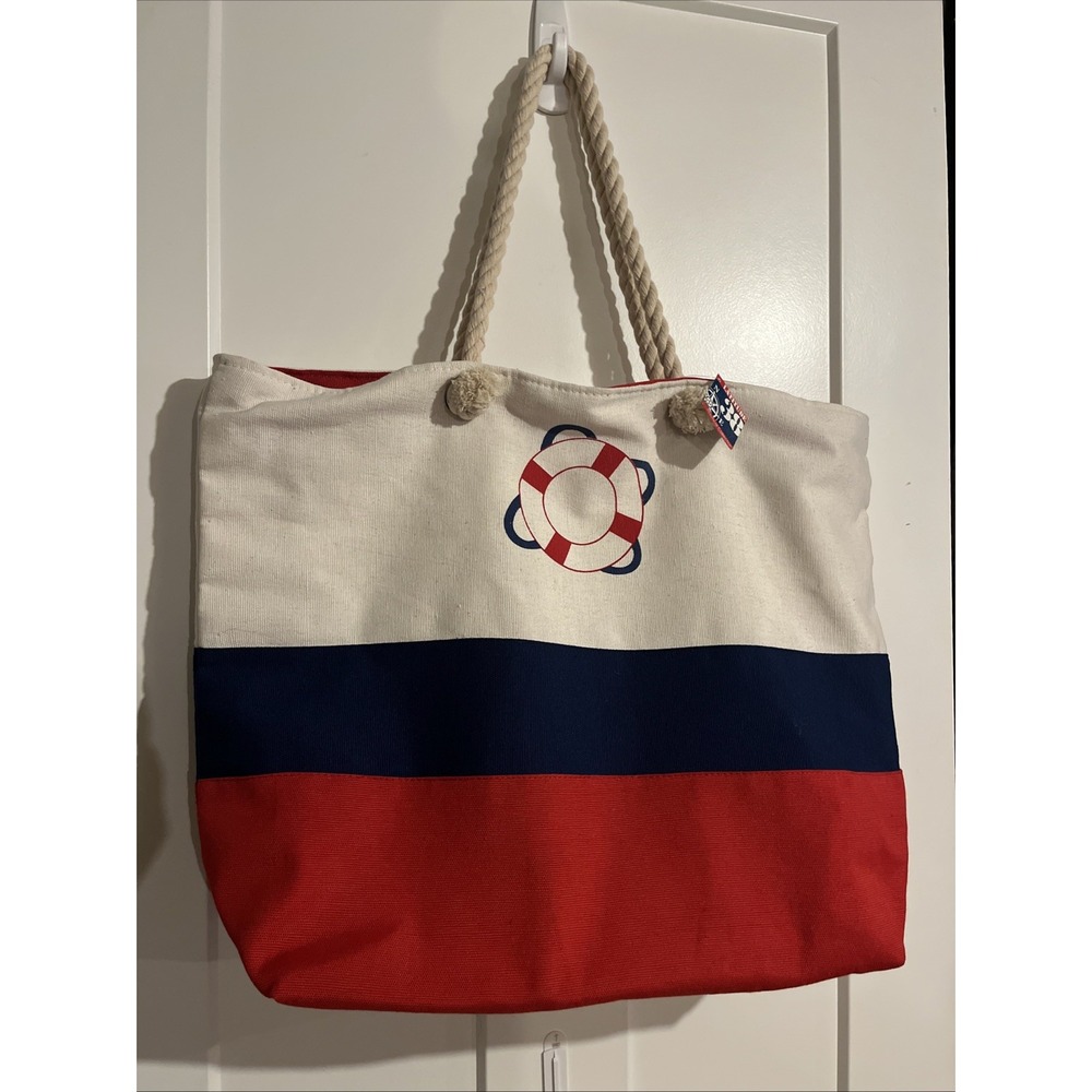 DEI Latitude 38 Beach Tote Bag Nautical Red White Blue Canvas 20073